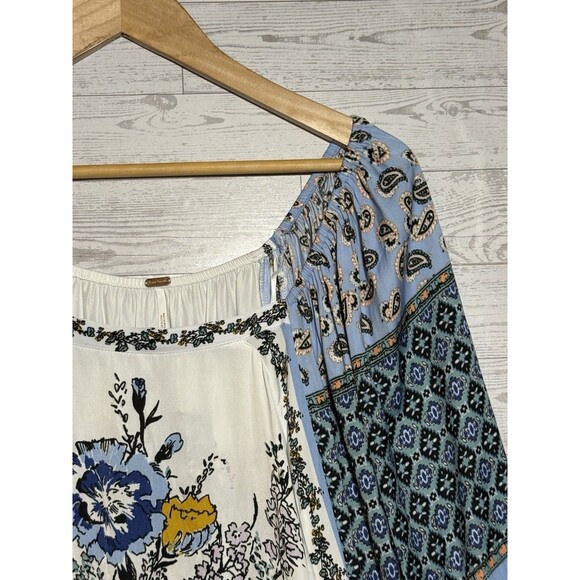 Free People Blue White Positano Print Peasant Floral Boho Blouse L/G, MSRP $128 - Picture 4 of 15